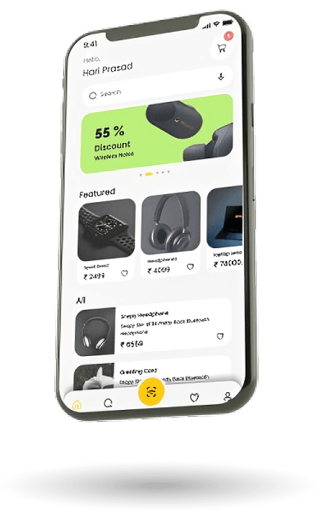 Mobile app mockup showing custom software engineering services for smooth ecommerce experience and user interface.