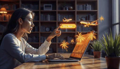 Woman booking flight on laptop with tropical vacation graphics, planes, palm trees