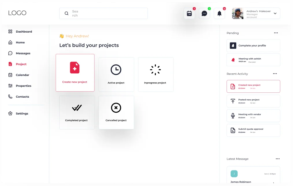 Custom software development dashboard mockup displaying analytics panels and workflow management tools
